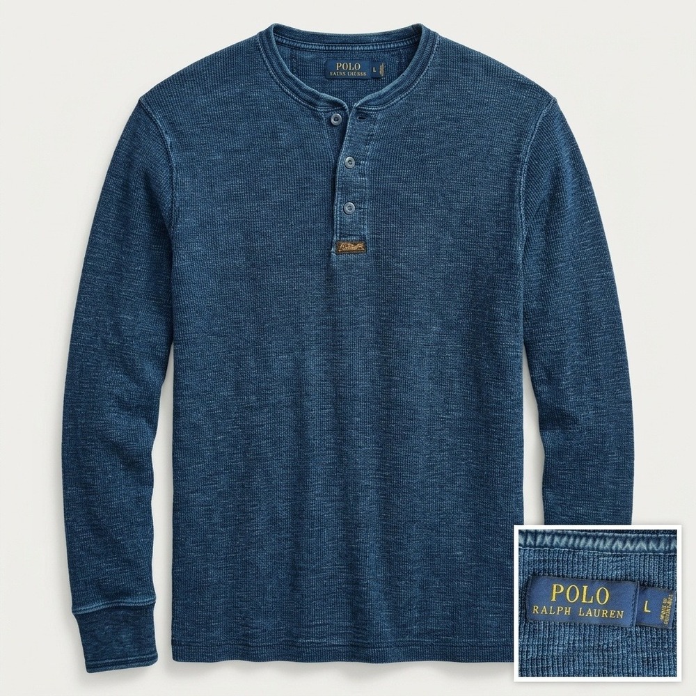 Polo Ralph Lauren Sportsman Guide Henley Shirt Mens L Blue Waffle Knit Thermal
